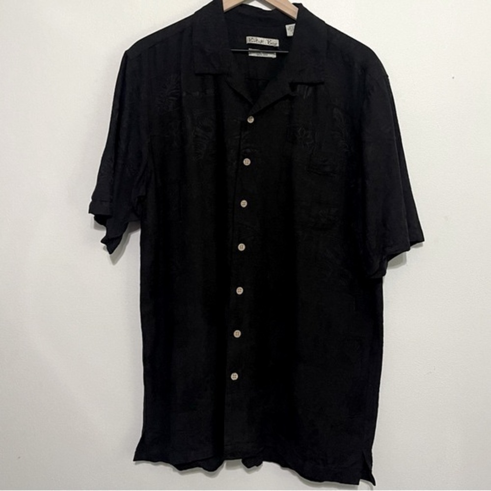 Batik Bay Black Washable Silk Leaf Jacquard Short Sleeve Button Up Shirt LT